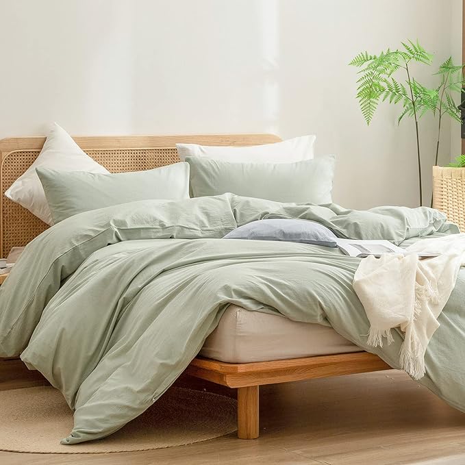BESTOUCH Duvet Cover Set 100% Washed Cotton Linen Feel Super Soft Comfortable Chic Lightweight 3 PCs Home Bedding Set Solid Sage Green Cal King