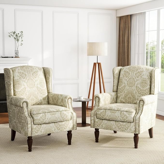High Back Accent Chairs Set of 2, Fabric Wingback Chair Floral Upholstered Armchair for Living Room - White