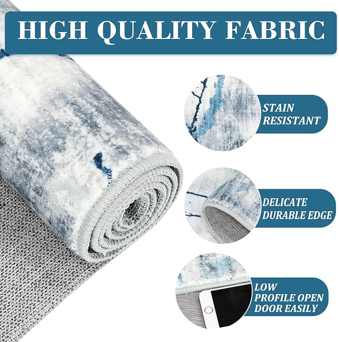 Area Rug 5x7 Washable Modern Abstract Rug for Living Room Water Ink Abstract Small Accent Carpets Low Pile Soft Bedroom Floor Covers Non Shedding Office Carpet Mat for Porch Kitchen， Blue