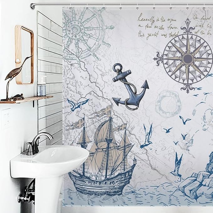 Ocean Nautical Shower Curtains,Sailboat Compass Hand Painted Navigation Vintage Nautical Elements Bathroom Decor Polyester Fabric Waterproof Bathroom Curtain with Hooks,72x72Inch