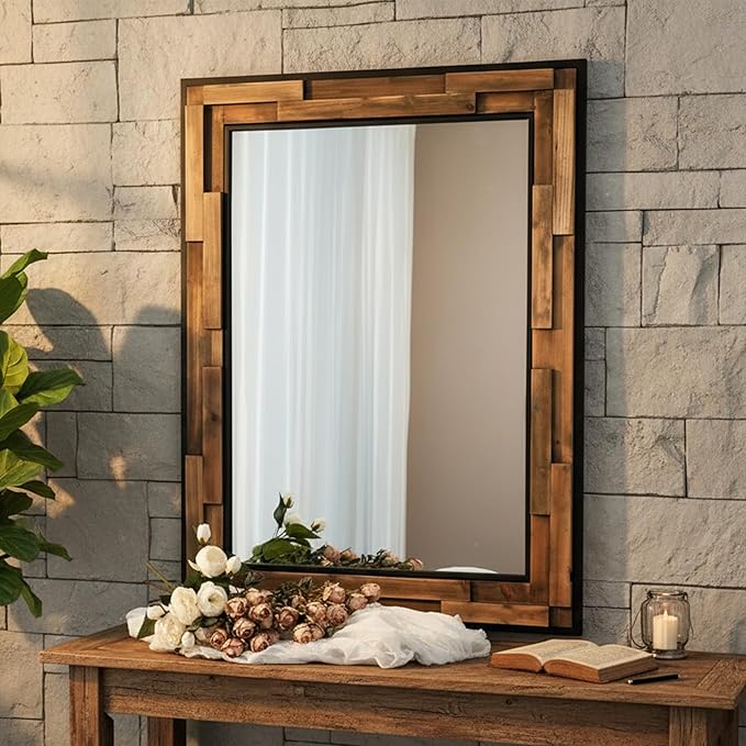 ZIYOO Wood Mirror 40"x 30", Metal & Wooden Rectangle Frame Decorative Wall Mirror for Bathroom Vanity Bedroom Living Room Entryway (Wood and Metal,40"x 30")