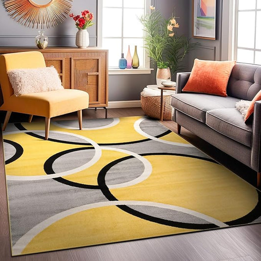 Rugshop Contemporary Abstract Circles Area Rug, Fade-Resistant Carpet for Living Room, Bedroom, or Home Office, Yellow, 5'3" x 7'3"