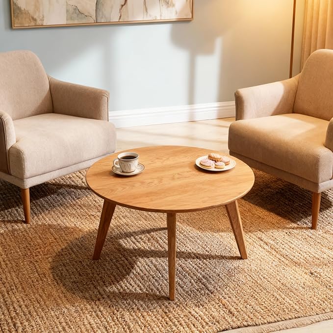 100% Solid Oak Wood Mini Coffee Table, Round Living Room Table Side Table w/Solid Wood Legs, Walnut Mid Century Sturdy Tables for Bedroom Balcony Living Room (23.62" D x 13.78" H)