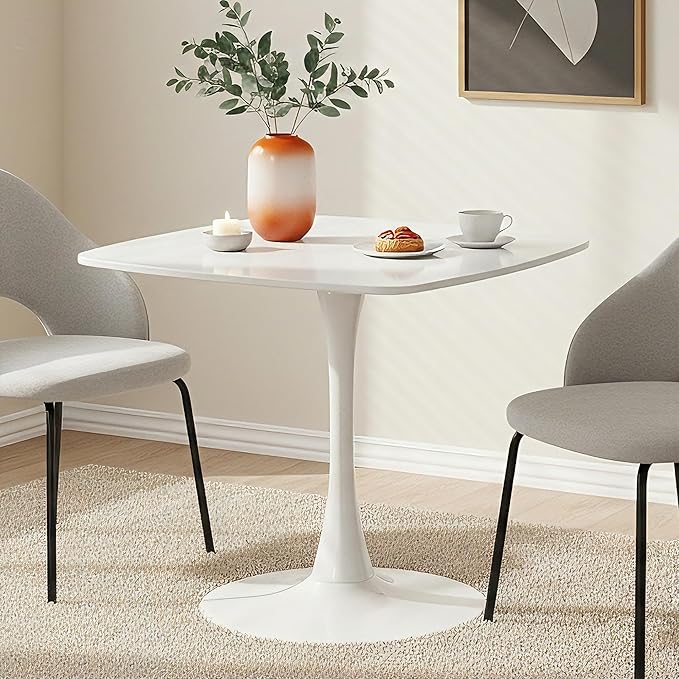 White Square Dining Table,31.5" Tulip Table with Metal Pedestal,15-Minute Quick Assembly,Mid Century Modern Leisure Table for Kitchen Small Places Cafe (White)