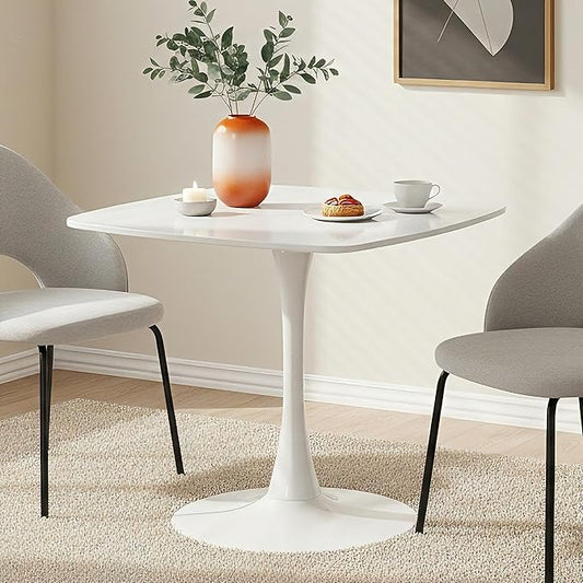 White Square Dining Table,31.5" Tulip Table with Metal Pedestal,15-Minute Quick Assembly,Mid Century Modern Leisure Table for Kitchen Small Places Cafe (White)