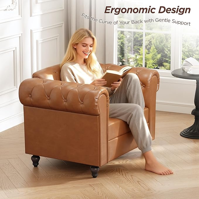 Brown Faux Leather Accent Chairs, Button-Tufted Upholstered Club Chair Retro Armchairs, Mid Century Modern Accent Chair with Solid Wood Legs, Cozy Chesterfield Couch Chairs for Living Room, Bedroom
