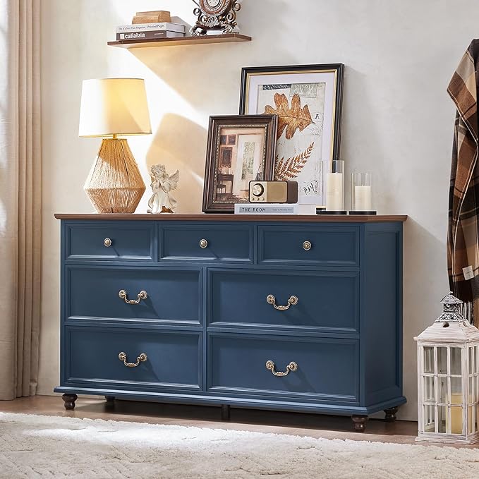 Farmhouse 7 Drawers Dresser for Bedroom, Navy Blue 54 Inch Wide Chest of Drawers w/ 4 Wooden Legs, Vintage Rustic Closet Dressers for Living Room, Large Wood TV Stand with Storage Organizer