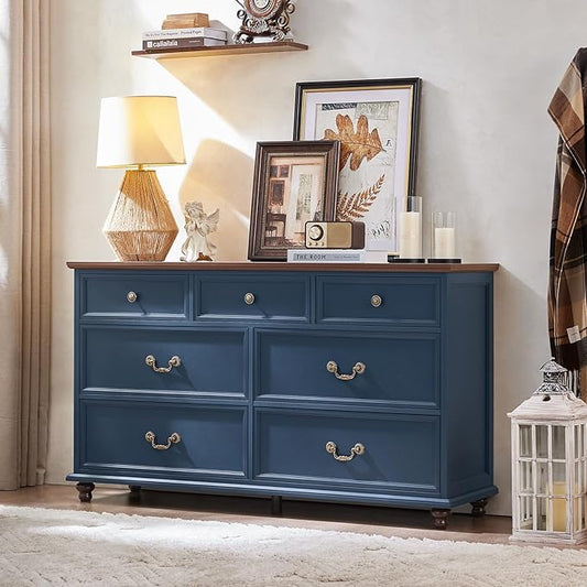 Farmhouse 7 Drawers Dresser for Bedroom, Navy Blue 54 Inch Wide Chest of Drawers w/ 4 Wooden Legs, Vintage Rustic Closet Dressers for Living Room, Large Wood TV Stand with Storage Organizer