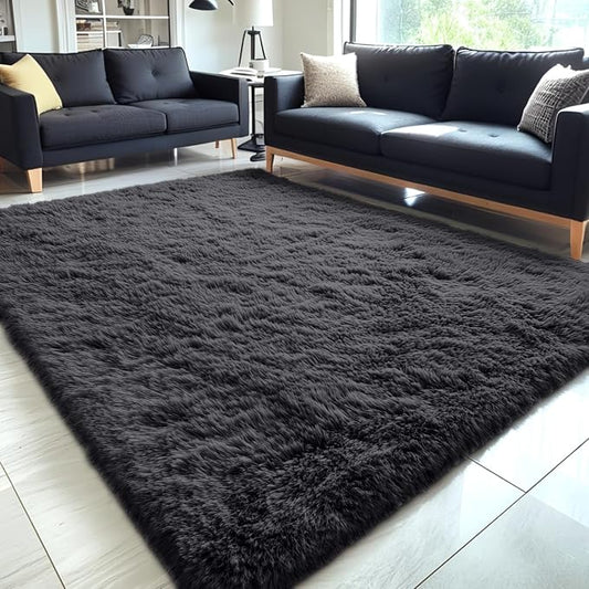 OLANLY 5x12 Machine Washable Large Area Rugs for Living Room, Bedroom, Soft Fluffy Shaggy Bedside Rug, Indoor Floor Carpet for Kids Girls and Boys, Dorms, Nursery, Home Decor Aesthetic, Black