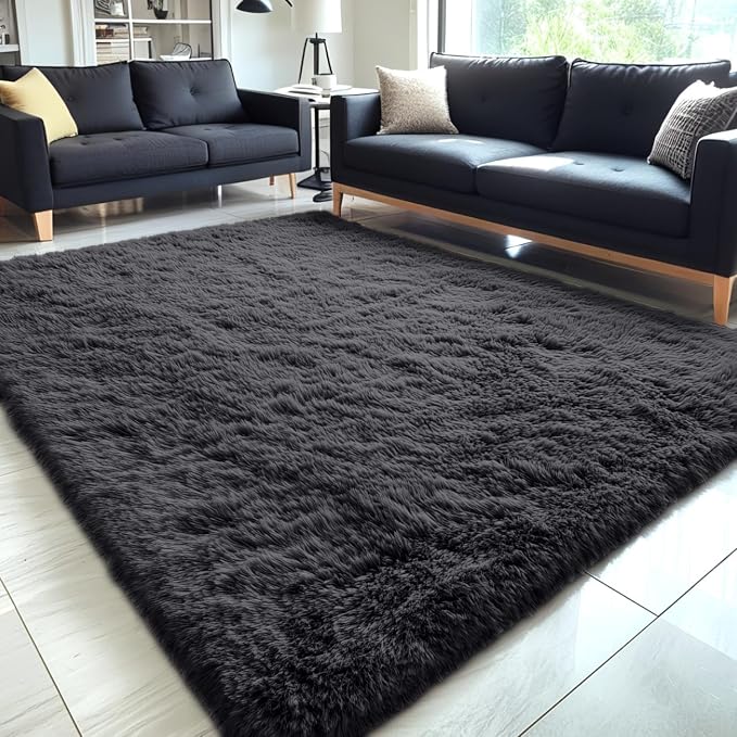 OLANLY 5x10 Machine Washable Large Area Rugs for Living Room, Bedroom, Soft Fluffy Shaggy Bedside Rug, Indoor Floor Carpet for Kids Girls and Boys, Dorms, Nursery, Home Decor Aesthetic, Black