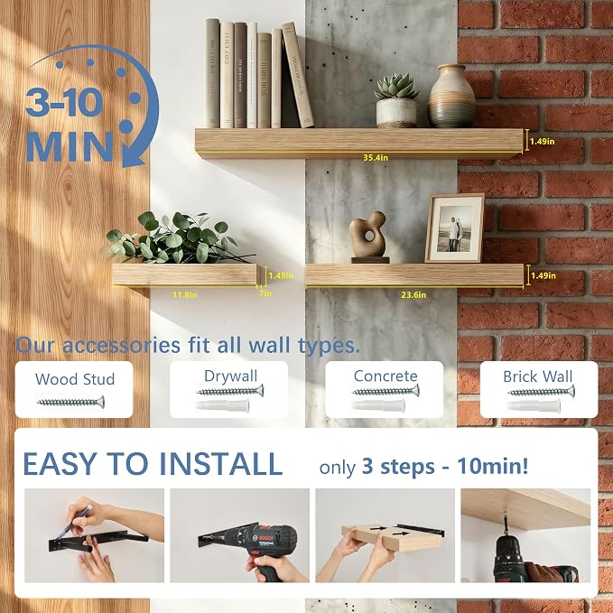 Floating Shelves for Wall, Bathroom Shelves Over Toilet, Wall Shelves & Book Shelf for Room, Hanging Shelf, Modern Wooden Mounted Floating Shelves, 24x7x1.5 in (Oak, Set of 3)