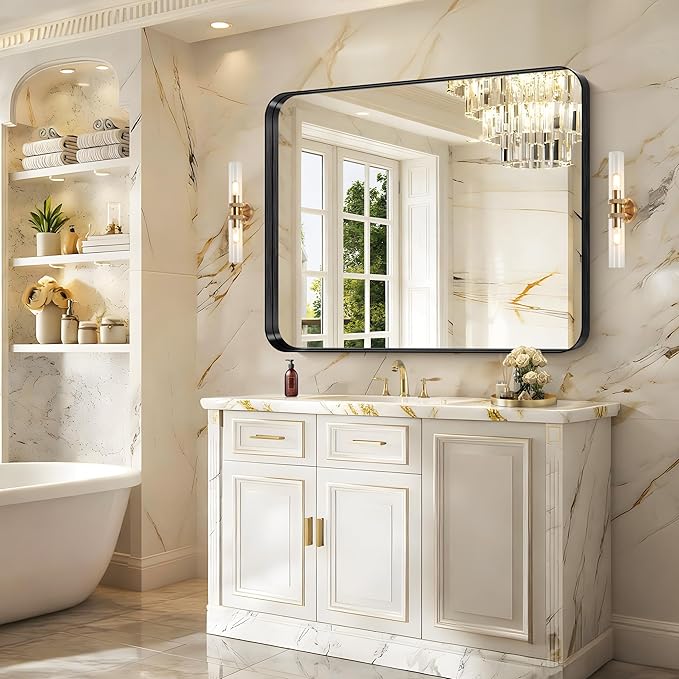 CIRCUMI Black Bathroom Mirror, 40"x48" Rectangular Mirror with Deep Metal Frame, Rounded Corner, Tempered Glass, Large Mirror for Wall, Over 2 Sinks, Installed Vertically/Horizontally, Crystal-Clear