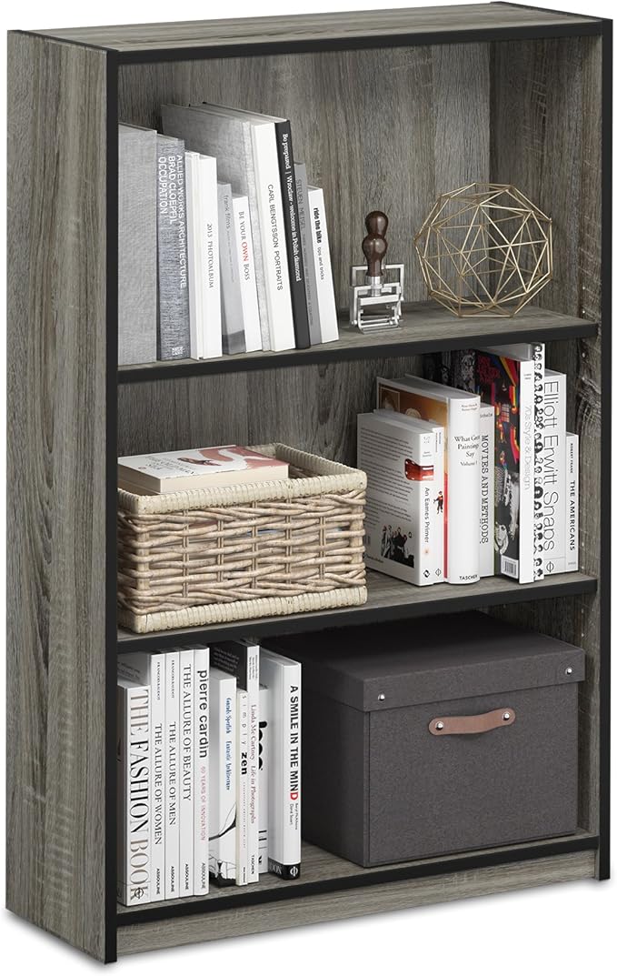 Furinno Jaya Book Shelf, 3-Tier Bookshelf, Standing Bookcase with Adjustable Shelves, 9.5 x 24.5 x 40.3, for Organization and Storage, for Living Room, Bedroom, Home Office, Grey Oak