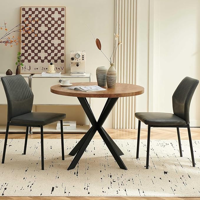 Dining Chairs Set of 2, PU Leather Dining Room Chairs, Comfortable Upholstered Kitchen Chair with Black Metal Legs for Living Room, Dining Room, Dark Grey