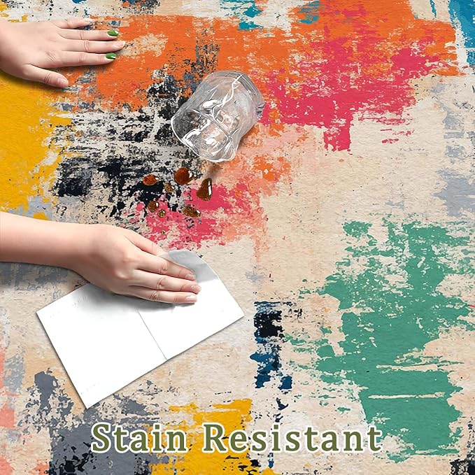 5x7 Colorful Area Rug Modern Abstract Beige Orange Yellow Pink Blue Black White Grey Rug Bedroom Low Pile Thin Large Carpet Living Room Non Slip Dining Room Stain Resistant Office Washable Machine