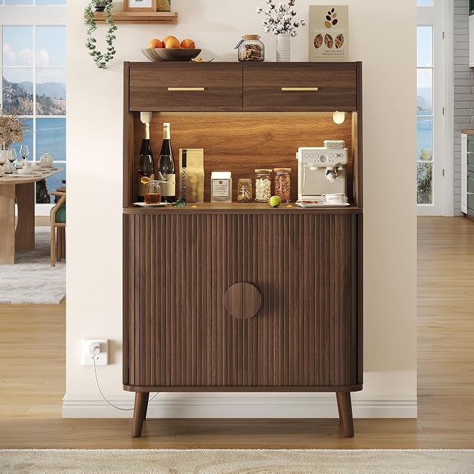 Decofy 47.2" Sideboard Buffet Cabinet with LED Light & Sliding Door, Modern Storage Cabinet with Adjustable Shelf &2 Drawers, Coffee Bar for Kitchen, Entryway(Oak) (Walnut)