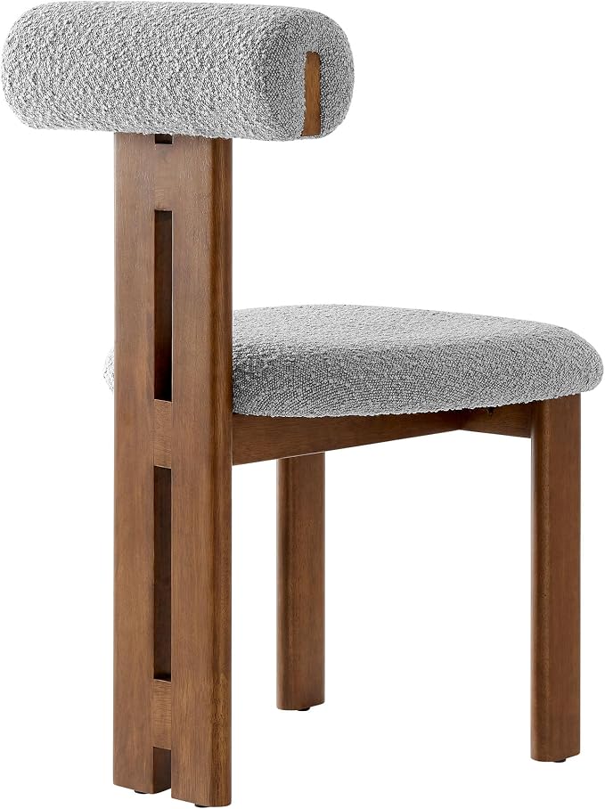 Modway Torian Upholstered Boucle Dining Chairs Set of 2 in Walnut Light Gray - 3-Legged Farmhouse Kitchen Chairs - Mid-Century Modern Armless Accent Chairs - Comfortable Side Chairs with Wood Legs