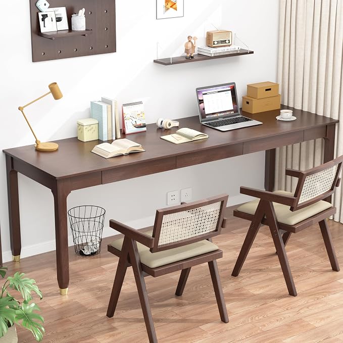 70.9” Long Solid Wood Desk with Drawers - Mid Century Modern Office Desks, Executive Computer Desk for Two People, 2 Person Desk|Gaming Writing Study Table for 2 Monitors-Dark Walnut