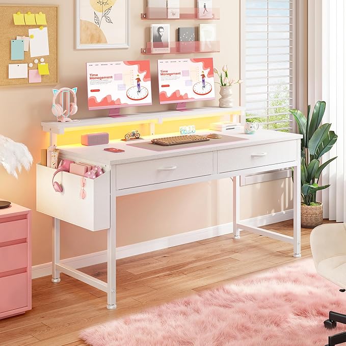 DurayLoly 47.3 Inch Computer Desk with 2 Drawers & LED Lights, Home Office Desk with Side Pocket, Gaming Desk with Monitor Stand, Study Writing Table for Small Spaces, White
