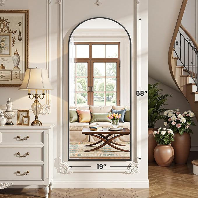 OLIXIS Arched Full Length Mirror for Bedroom, 58"x19" Full Body Mirror with Stand, Hanging or Leaning for Wall, Aluminum Alloy Thin Frame Floor Standing for Living Room, Long, Black