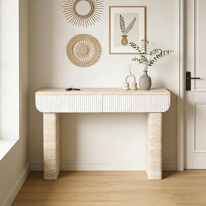 Faux Mars Marble Pattern Console Table with 2 Drawers, 47.2" Skinny Long Sofa Table Behind Couch with Rounded Edges, Wooden Narrow Sofa Table Hall Table for Living Room Foyer Entrance, Marble