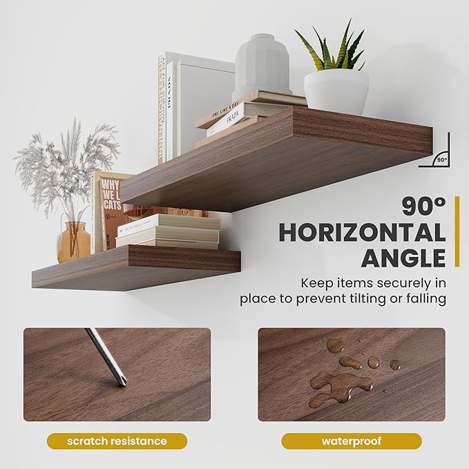 55 Inch Floating Shelves, 9.3" Deep Floating Shelf Wall Mounted, 56" Wall Shelves, Rustic Deep Bookshelf, Large Display Shelves & Storage Shelves for Bedroom, Living Room, Walnut, Set of 1
