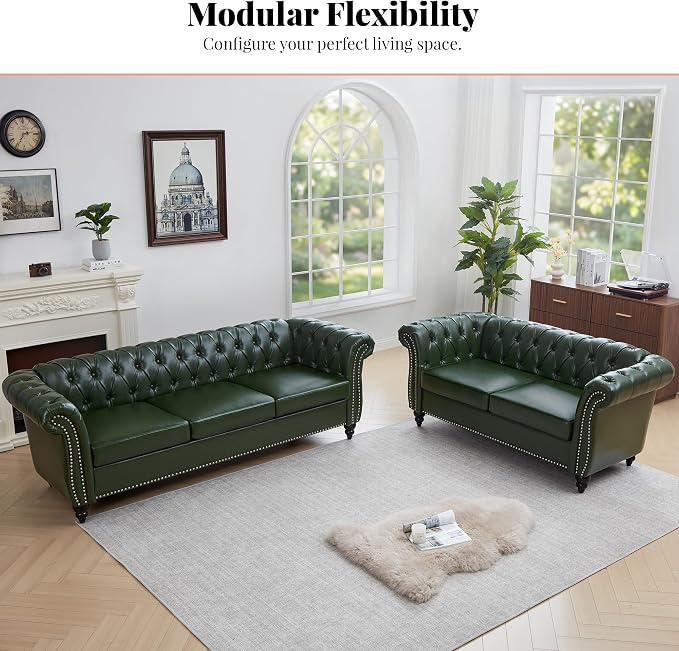 LEVNARY Chesterfield Sofa, 3 Seater Tufted Couch for Living Room, Classic Button Tufted Upholstered Sofa, Modern Mid-Century PU Leather Sofa (Green)