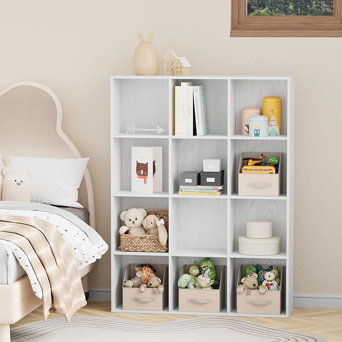 12 Cube Storage Organizer, Wooden Cube Shelves with Closed Back Panel, Reversible Bookcase, Cubes Closet Organizer for Home, Living Room, Kids Room, Office, Bedroom, Study, Hallway