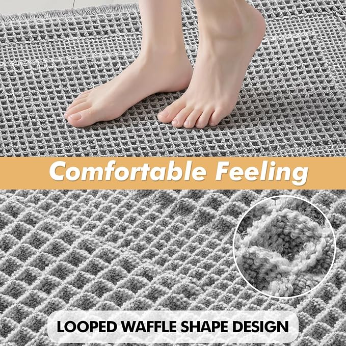 MIULEE Set of 2 Waffle Bathroom Rugs, Boho Bath Rug Super Absorbent, Non Slip Washable Ultra Soft Rubber Backed Shower Bath Mats for Floor, Tub, Shower, Looped Design, Light Grey, 17x24 Inch