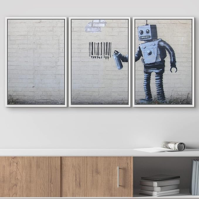 wall26 - Robot Graffiti Banksy Street - Framed Canvas Art Wall Art - 24"x36"x3 White