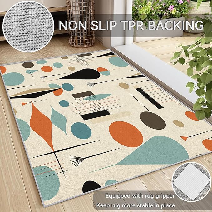 Mid Century Rugs for Living Room 5x6, Retro 50s Geometric Abstract Modern Pattern Design Area Rug, Mid Century Bedroom Decor Carpet, Non Slip, Washable (RG664)