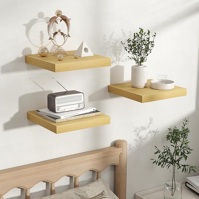 Fun Memories Rustic Wood Floating Shelves for Wall, Space-Saving Wall Mounted Shelves for Bathroom, Bedroom, Living Room and Kitchen, Stylish Storage & Display (Set of 3, Oak, 12 in)