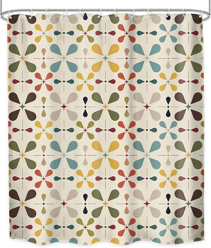 LGhtyro Boho Mid Century Shower Curtain Bathroom Set 60Wx71H Inches Modern Abstract Bohemian Geometric Colourful Retro Vintage Bath Accessories Water Drop Art Home Decor Fabric 12 Pack Hooks