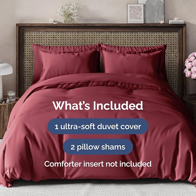 Duvet Cover Full Size - Extra Soft Full Size Duvet Cover - Lightweight, Breathable & Cozy - Easy Care & Fade Free w/Zipper Closures & Ties - 80" x 90" Inches - (Burgundy) Comforter Not Included