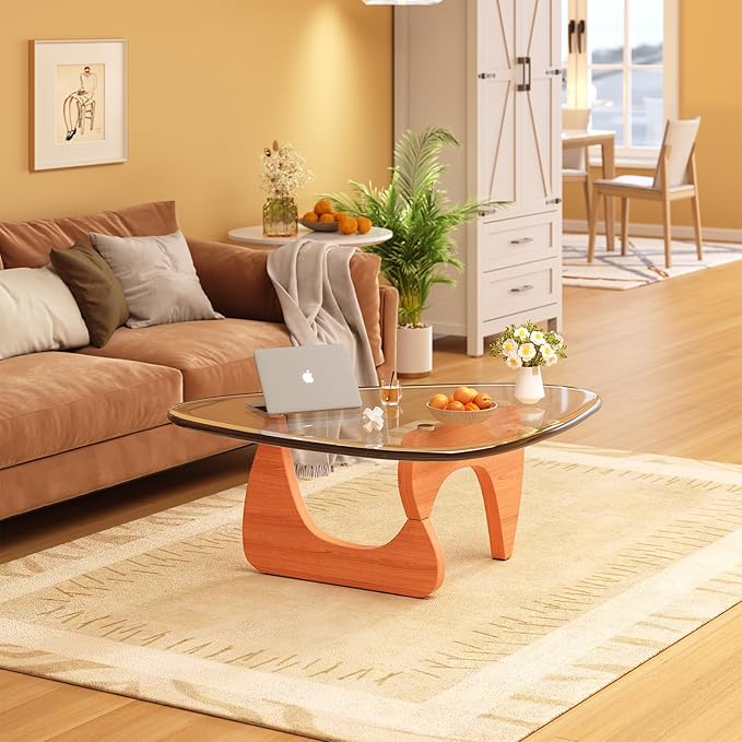 Coffee Table for Living Room Mid Century Modern Center Small Table with Glass Top and Wood, Walnut Transparent