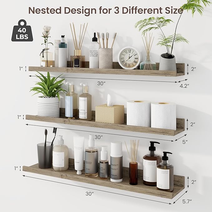 Axeman 30 Inch Floating Shelves | Grey Picture Ledge Shelf Set of 3 | Rustic Grey Wood Wall Shelves with Lip | 30" Picture Shelf for Wall with Ledge | Photo Shelves