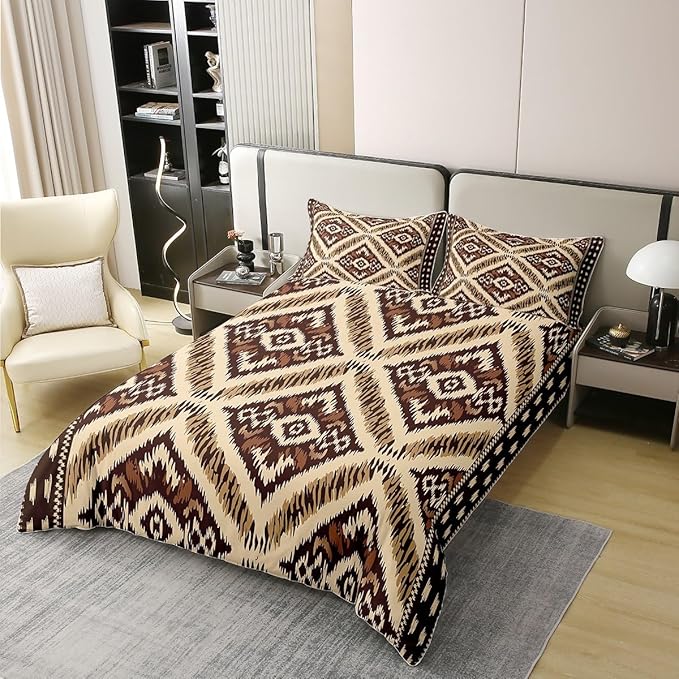 100% Cotton Ikat Bedding Set Twin Aztec Duvet Cover Paisley Floral Geometric Brown Ethnic Embroidery Comforter Cover Traditional Oriental Traditional Abstract Room Decor Quilt Cover for Man Woman
