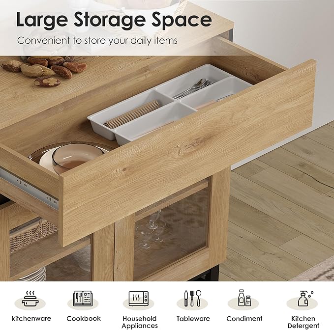 WAMPAT 63'' Multifunctional Sideboard Buffet Cabinets with 4 Glass Doors and and 2 Drawers, Modern Sideboard Credenza, Coffee Bar Storage Cabinet for Living Room, Kitchen, Oak