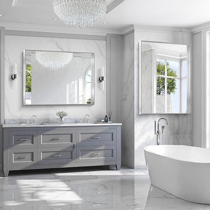 CIRCUMI Silver Bathroom Mirror, 36"x48" Rectangular Mirror with Deep Metal Frame, Brushed Finish, Tempered Glass, Large Mirror for Wall, Over 2 Sinks, Installed Vertically/Horizontally, Crystal-Clear