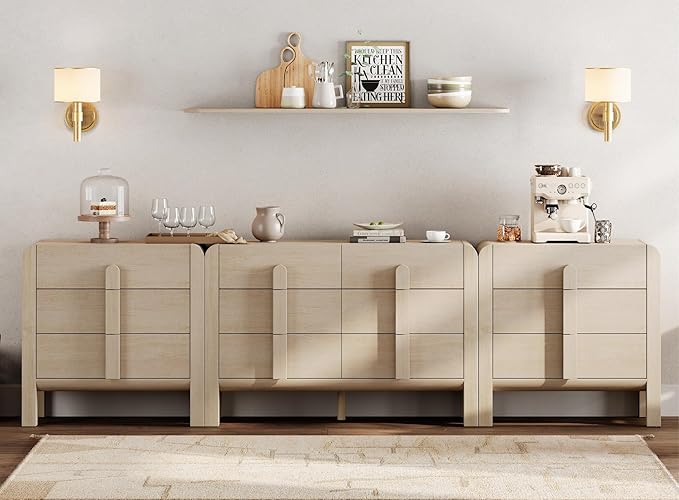 WAMPAT 110.2” W Large Sideboard Buffet Cabinet with Storage,Modern French Kitchen Buffet Cabinet with 12 Drawers,Wood Buffet Table Coffee Wine Bar Console Table for Kitchen,Dining Room,Light Oak