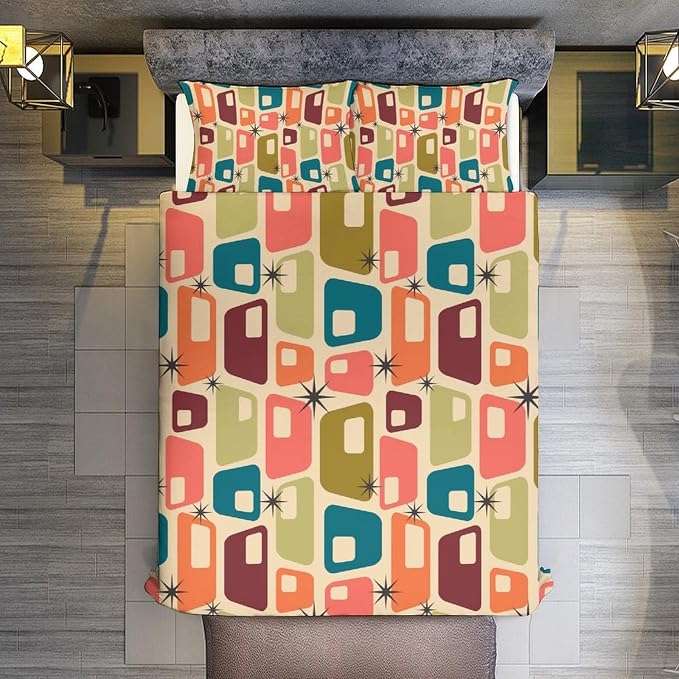 Modern Mid Century Duvet Cover Queen Retro Atomic Bedding Set, Rainbow Grid Comforter Cover Vintage Fifties 1950s Bed Set，Abstract Art Bedding 3 Piece (1 Duvet Cover 102"x90" + 2 Pillow Sham 20"x30")