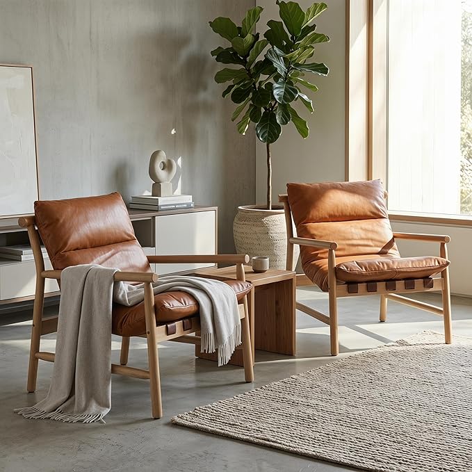 Faux Leather Accent Chair Set of 2 Mid Century Modern Living Room Chairs Comfy Arm Chair with Solid Wood Frame Upholstered Lounge Reading Chair Cozy Recliner for Bedroom/Guest Room, Brown