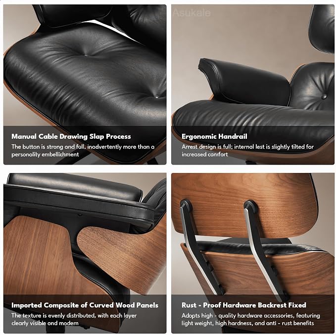 Top Black Grain Leather, Mid Century Chaise Lounge Chair and Ottoman, Leather Accent Chair, Modern Chair, Classic Design, Heavy Duty Base Support for Living Room Lounge Office, Walnut, Heightening