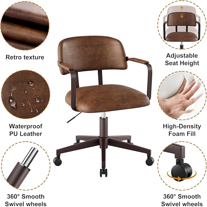 Home Office Desk Chair, Mid-Century Modern Desk Chair with Padded Arms, Adjustable Seat Height, Mid Back 360° Small Computer Chair with Mobile Mute Wheel, PU Leather (Brown)