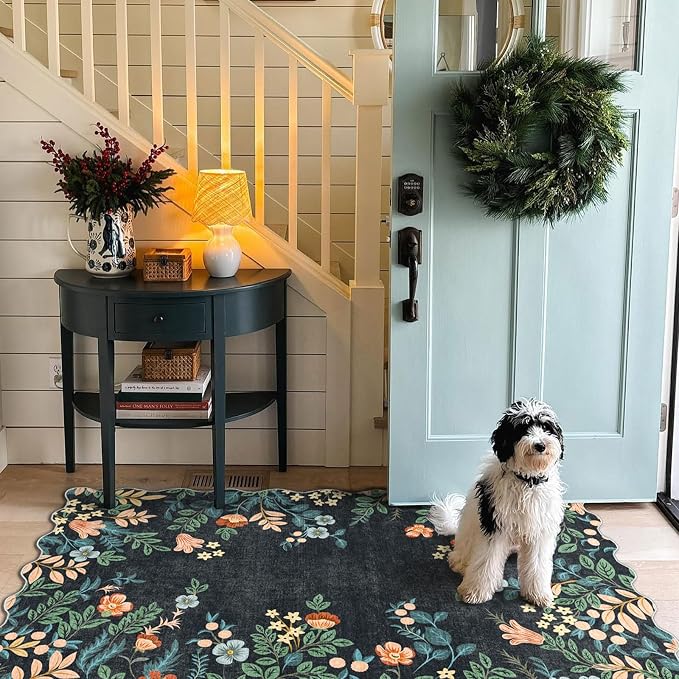Black Floral Entry Rug - 3x5 Ft Washable Indoor Outdoor Mats for Front Door Porch Rug Non-Slip Spring Door Mat Boho Throw Rugs for Living Room Bedroom Entryway Kitchen Office Porch Decor