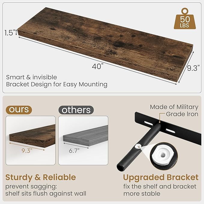 Fun Memories 40" W x 9.3" D Floating Shelves for Wall, Deep Long Floating Shelf for Home Bathroom, Bedroom, Living Room, Rustic Wood Wall Mounted Shelves for Books Decor, Rustic Brown