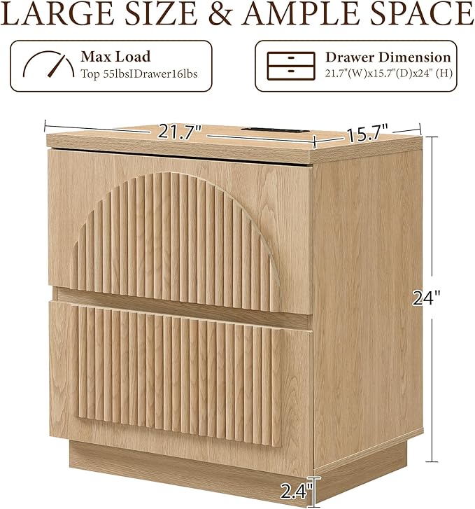 Nightstand with Drawers, 2-Drawer Arched Fluted Nightstand with Charging Station, Wooden Night Stand with Storage,Modern Furniture for Bedroom Organization