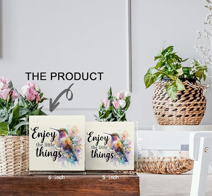Hummingbird Decor - Hummingbird Gifts For Women, Inspirational Wooden Box Signs, Enjoy The Little Things Motivational Wood Decoration Home Decor For Desk Table Shelf 6x6 Inch Decorative Signs & Plaques