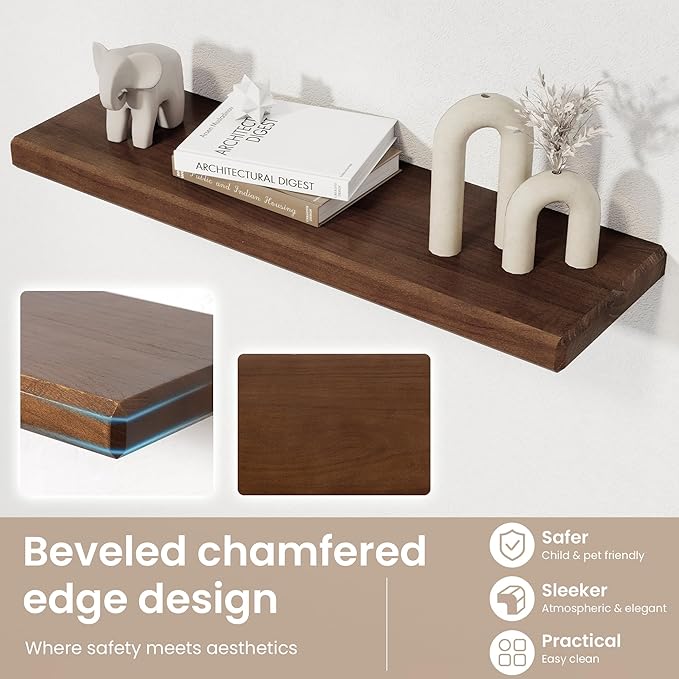 Axeman 48Inch Natural Wood Floating Shelves for Wall|Rustic Wooden Shelves for Bedroom Kitchen Bathroom|Long Storage Shelf with Invisible Bracket for Wall Mounted|Set of 1|Walnut Color