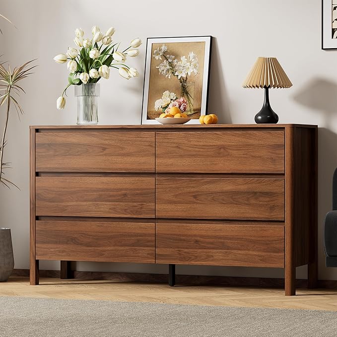 55" Mid-Century Modern Dresser for Bedroom, 6 Drawer Wide Chest of Drawers with Solid Wood Legs, Large Storage Bedroom Dresser, Walnut